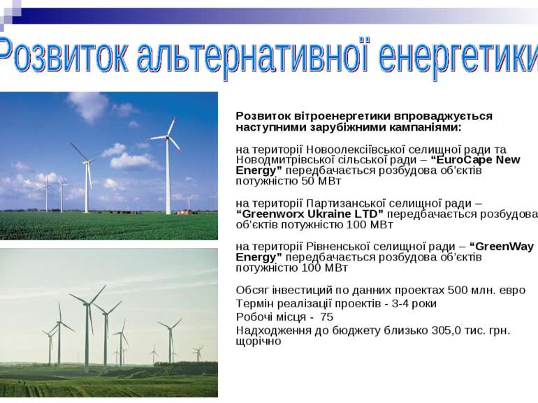 Розвиток вітроенергетики впроваджується наступними зарубіжними кампаніями: на...