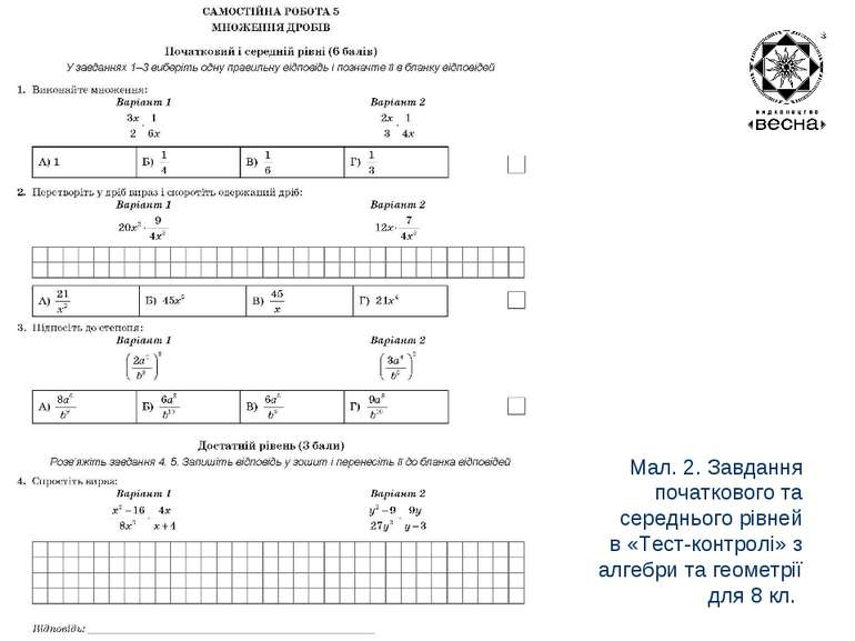 Мал. 2. Завдання початкового та середнього рівней в «Тест-контролі» з алгебри...