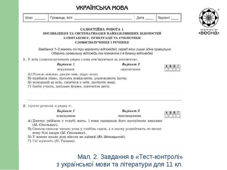 Структура посібника Мал. 2. Завдання в «Тест-контролі» з української мови та ...