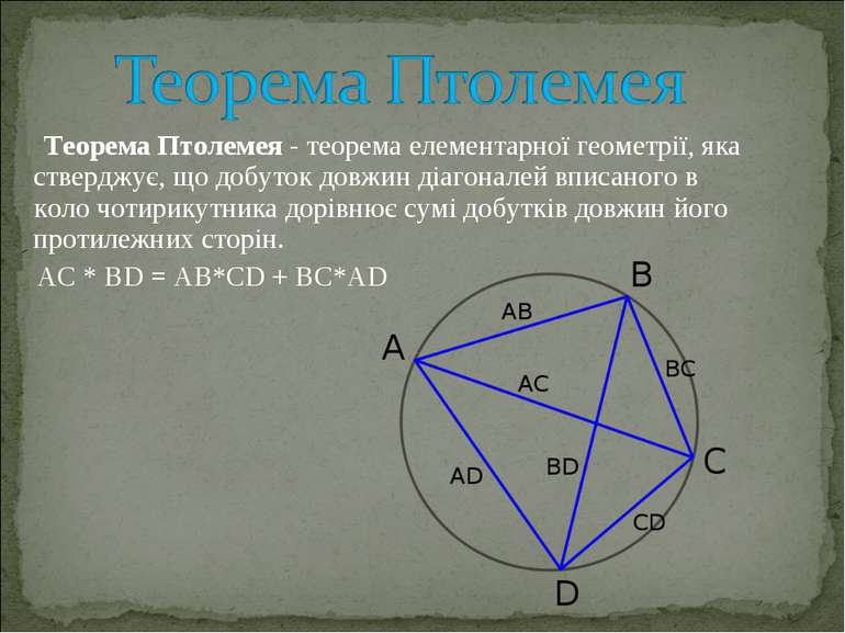 Теорема Птолемея - теорема елементарної геометрії, яка стверджує, що добуток ...