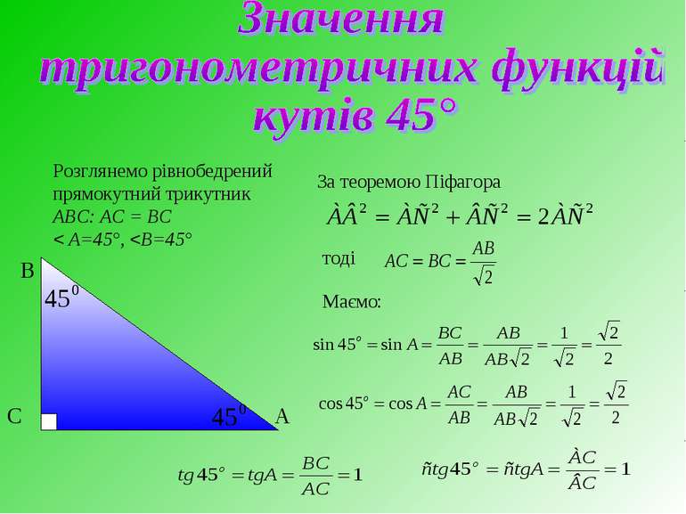 Розглянемо рівнобедрений прямокутний трикутник АВС: АС = ВС < А=45°,