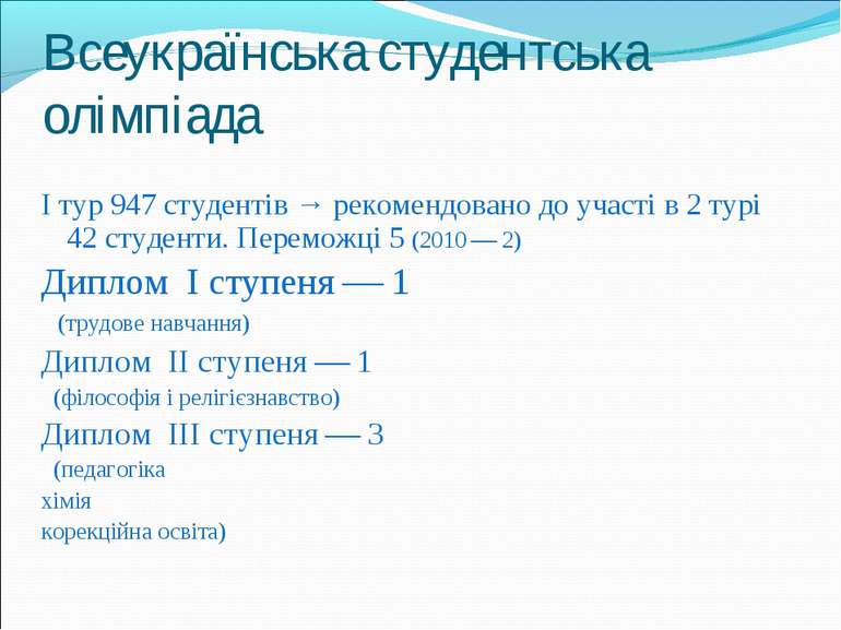 Всеукраїнська студентська олімпіада I тур 947 студентів → рекомендовано до уч...