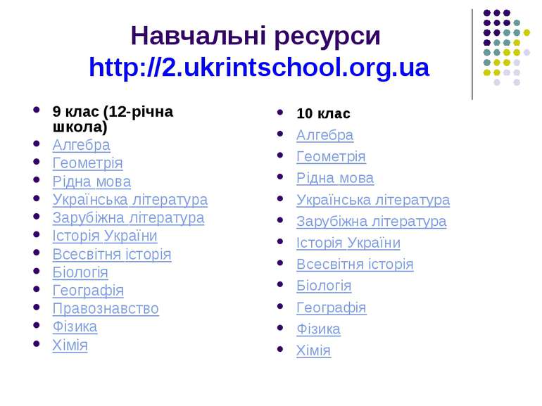 Навчальні ресурси http://2.ukrintschool.org.ua 9 клас (12-річна школа) Алгебр...