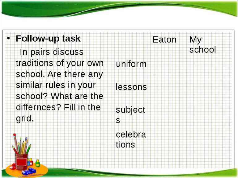 Follow-up task In pairs discuss traditions of your own school. Are there any ...