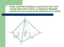Якщо в деякій піраміді усі двогранні кути при основі рівні між собою, то верш...