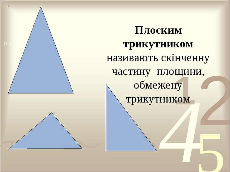 Плоским трикутником називають скінченну частину площини, обмежену трикутником