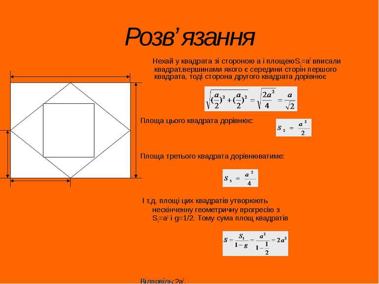 Розв’язання Нехай у квадрата зі стороною а і площеюS1=a2 вписали квадрат,верш...