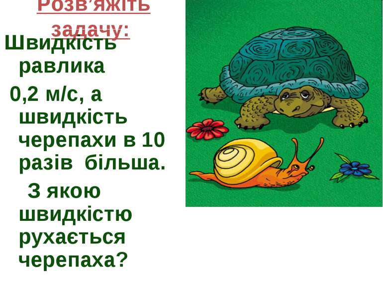 Розв’яжіть задачу: Швидкість равлика 0,2 м/с, а швидкість черепахи в 10 разів...