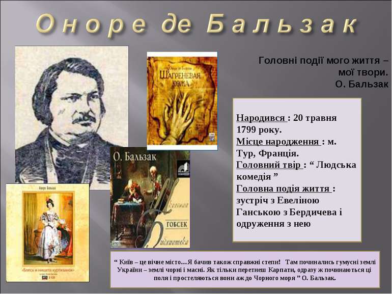 Головні події мого життя – мої твори. О. Бальзак Народився : 20 травня 1799 р...