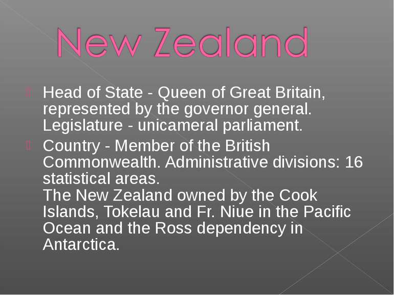 Head of State - Queen of Great Britain, represented by the governor general. ...