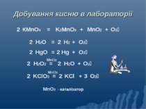 Добування кисню в лабораторії 2 КМnO4 = + + K2MnO4 MnO2 O2 2 H2O2 = H2O + 2 O...