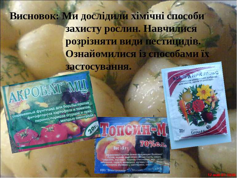 Висновок: Ми дослідили хімічні способи захисту рослин. Навчилися розрізняти в...