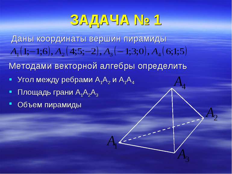 ЗАДАЧА № 1 Даны координаты вершин пирамиды Методами векторной алгебры определ...