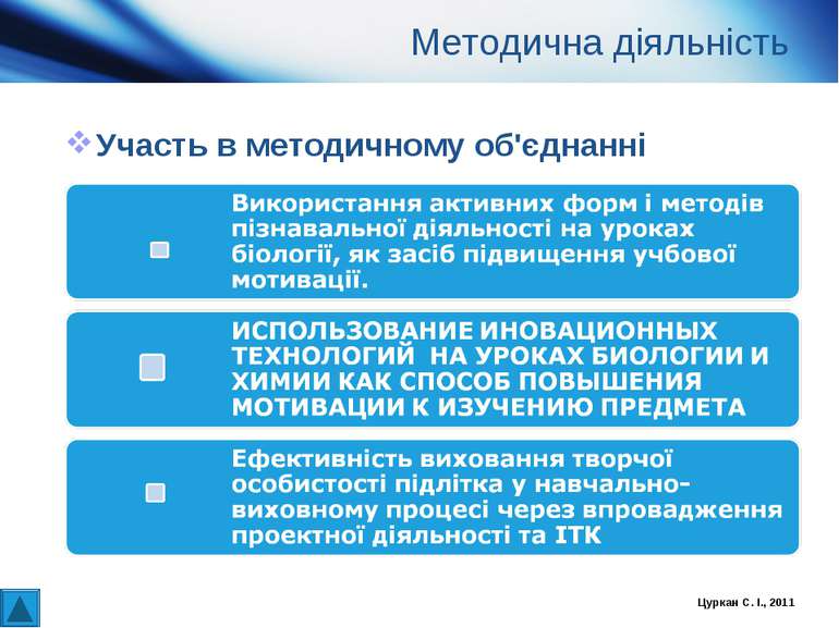 Методична діяльність Участь в методичному об'єднанні Цуркан С. І., 2011 Цурка...