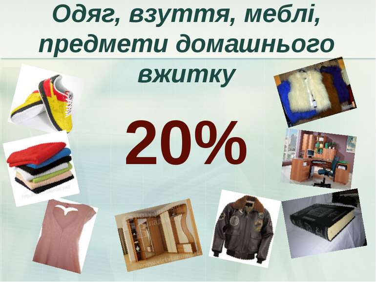 Одяг, взуття, меблі, предмети домашнього вжитку 20%
