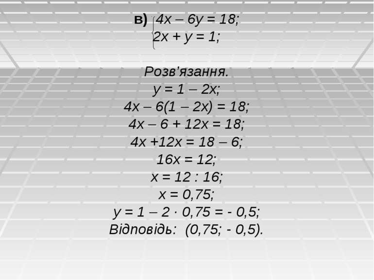 в) 4х – 6у = 18; 2х + у = 1; Розв’язання. у = 1 – 2х; 4х – 6(1 – 2х) = 18; 4х...