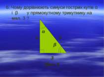 6. Чому дорівнюють синуси гострих кутів α і β у прямокутному трикутнику на ма...