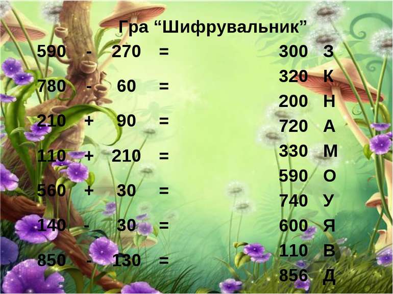 Гра “Шифрувальник” 590 - 270 = 780 - 60 = 210 + 90 = 110 + 210 = 560 + 30 = 1...