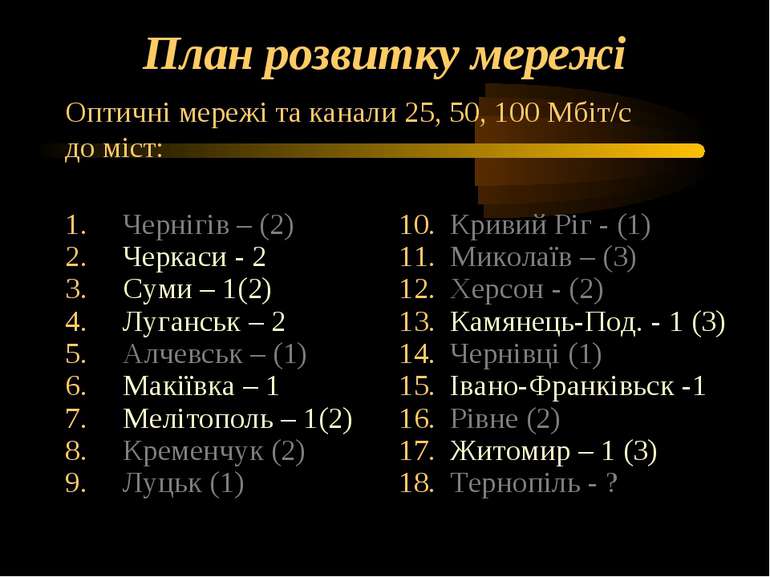 План розвитку мережі Чернігів – (2) Черкаси - 2 Суми – 1(2) Луганськ – 2 Алче...