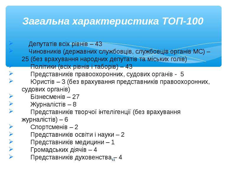 * Загальна характеристика ТОП-100 Депутатів всіх рівнів – 43 Чиновників (держ...