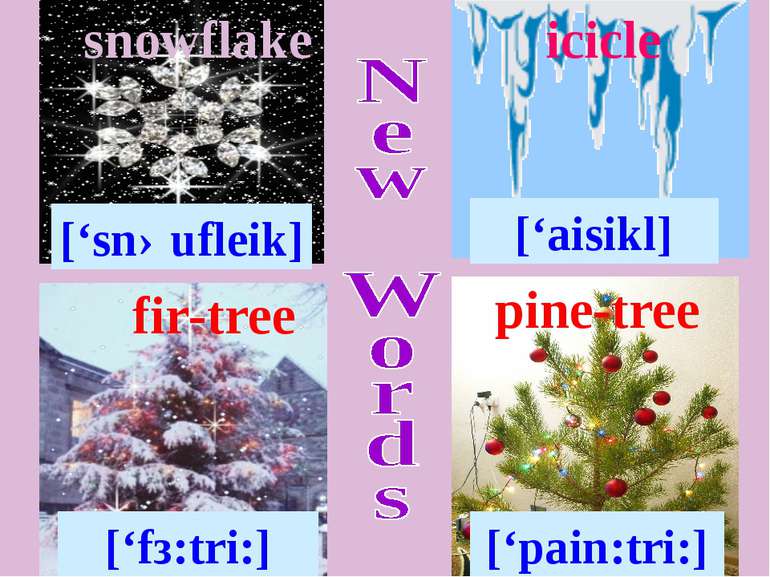 snowflake [‘snəufleik] fir-tree [‘fз:tri:] icicle [‘aisikl] pine-tree [‘pain:...
