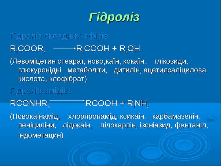 Гідроліз Гідроліз складних ефірів R1COOR2 R1COOH + R2OH (Левоміцетин стеарат,...