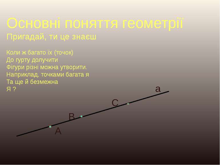 Основні поняття геометрії Пригадай, ти це знаєш Коли ж багато їх (точок) До г...