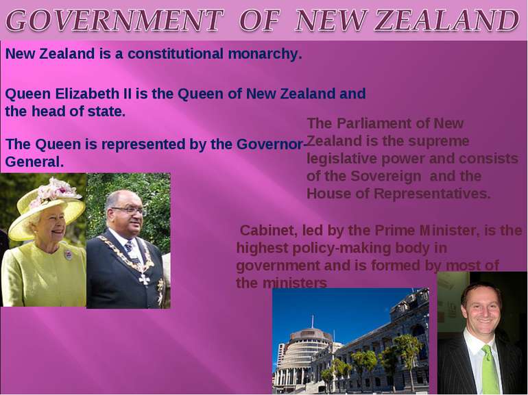 New Zealand is a constitutional monarchy. Queen Elizabeth II is the Queen of ...