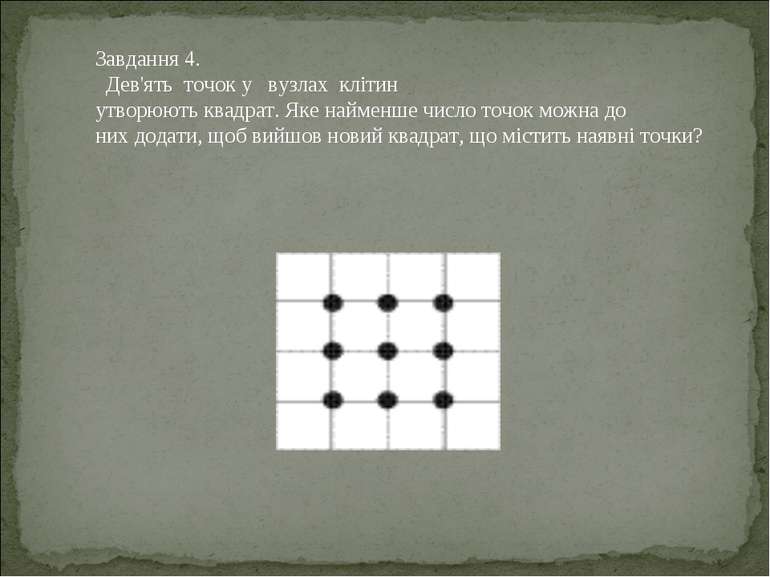 Завдання 4. Дев'ять  точок у  вузлах  клітин  утворюють квадрат. Яке найменше...