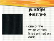 pinstripe ˈpɪnstraɪp   one of the white vertical lines printed on dark