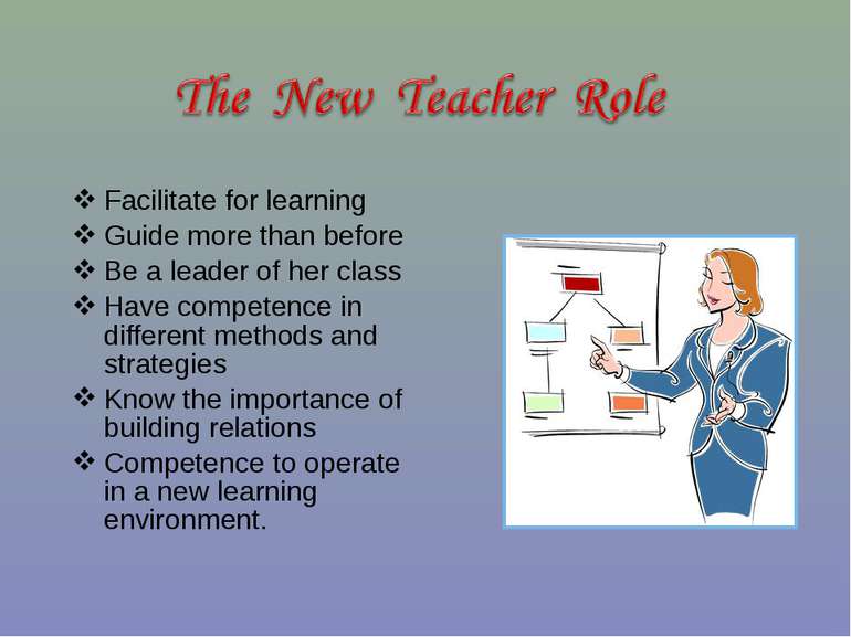 Facilitate for learning Guide more than before Be a leader of her class Have ...