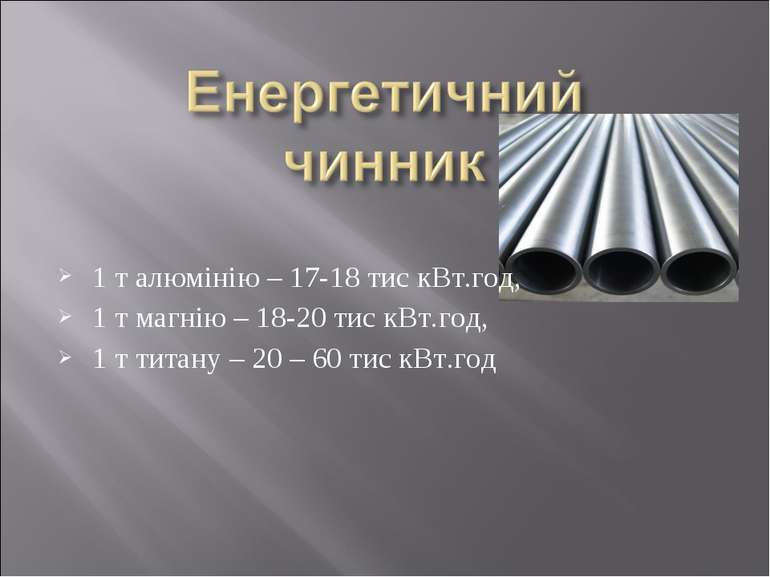 1 т алюмінію – 17-18 тис кВт.год, 1 т магнію – 18-20 тис кВт.год, 1 т титану ...