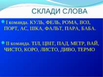 СКЛАДИ СЛОВА І команда. КУЛЬ, ФЕЛЬ, РОМА, ВОЗ, ПОРТ, АС, ШКА, ФАЛЬТ, ПАРА, БА...