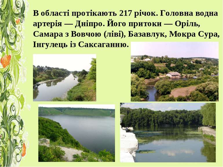 В області протікають 217 річок. Головна водна артерія — Дніпро. Його притоки ...