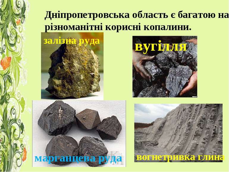 Дніпропетровська область є багатою на різноманітні корисні копалини. залізна ...