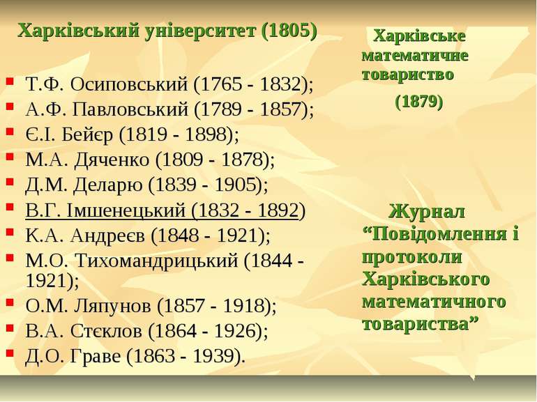 Харківський університет (1805) Т.Ф. Осиповський (1765 - 1832); А.Ф. Павловськ...