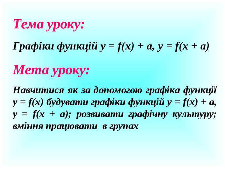 Тема уроку: Графіки функцій у = f(x) + а, у = f(x + а) Мета уроку: Навчитися ...