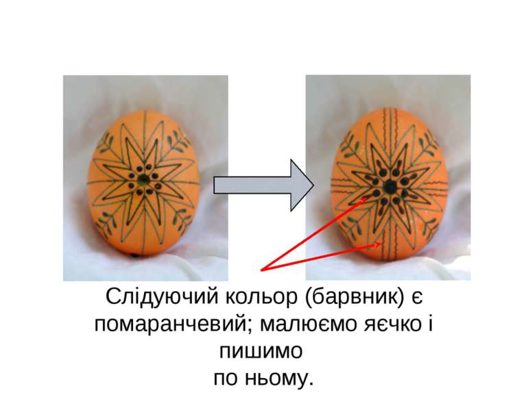 Слідуючий кольор (барвник) є помаранчевий; малюємо яєчко і пишимо по ньому.