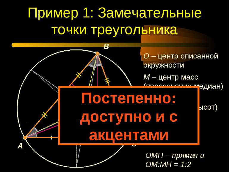 Пример 1: Замечательные точки треугольника C O M H I A B O – центр описанной ...