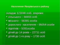 Населення Яворівського району складає 123046 осіб, зокрема: сільського – 6665...