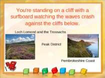 You're standing on a cliff with a surfboard watching the waves crash against ...