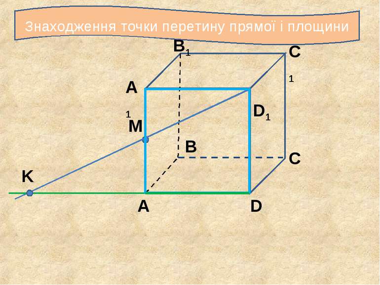 С С1 B1 A1 B A D D1 M K Знаходження точки перетину прямої і площини