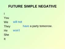 FUTURE SIMPLE NEGATIVE I You We They He She It will not won’t have a party to...