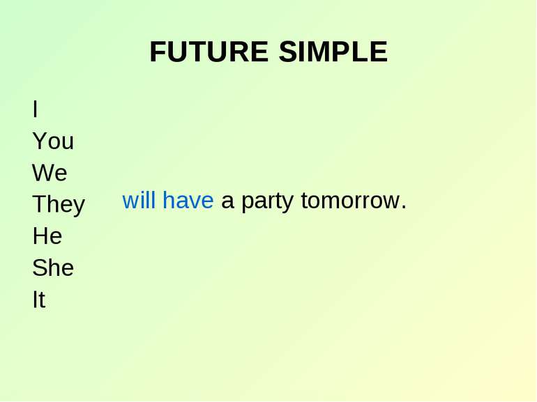 FUTURE SIMPLE I You We They He She It will have a party tomorrow.