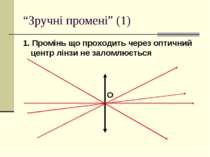 “Зручні промені” (1) 1. Промінь що проходить через оптичний центр лінзи не за...