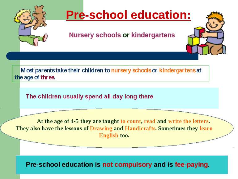 Pre-school education: Nursery schools or kindergartens Most parents take thei...