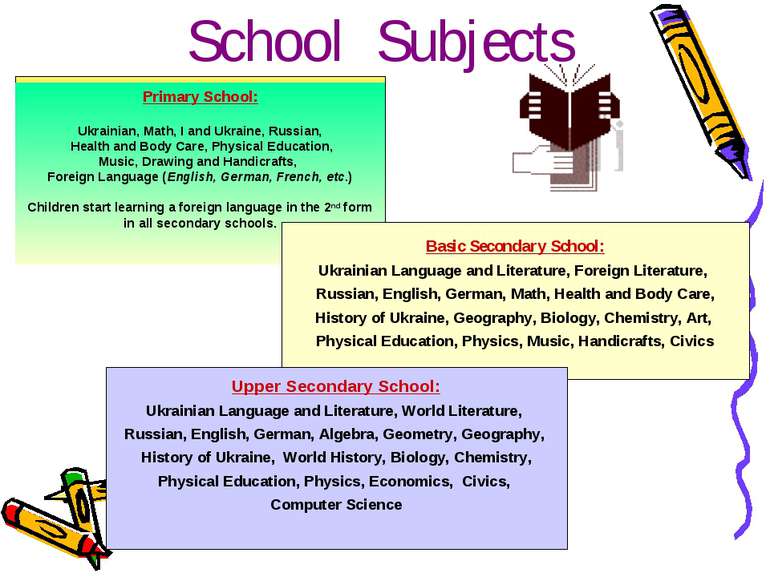 School Subjects Primary School: Ukrainian, Math, I and Ukraine, Russian, Heal...