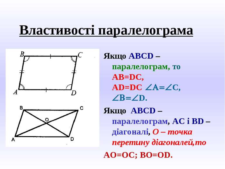 Властивості паралелограма Якщо ABCD – паралелограм, то AB=DC, AD=DC ÐA=ÐC, ÐB...