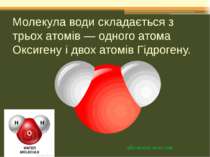 Молекула води складається з трьох атомів — одного атома Оксигену і двох атомі...