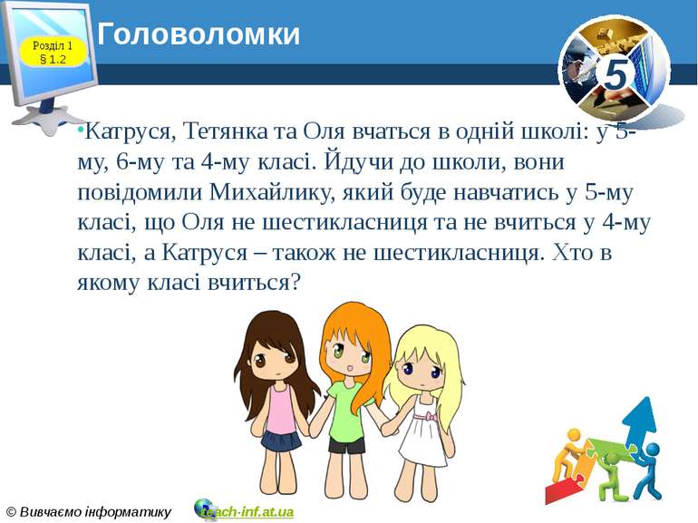 Головоломки www.teach-inf.at.ua Розділ 1 § 1.2 Катруся, Тетянка та Оля вчатьс...